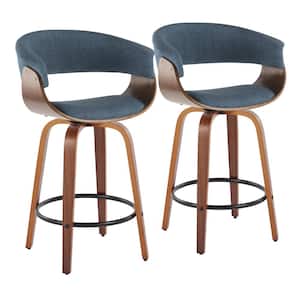 Vintage Mod 25.25 in. Blue Fabric, Walnut Wood and Black Metal Fixed-Height Counter Stool Round Footrest (Set of 2)