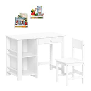 Kids 4-Piece Rectangular MDF White Top Desk and Chair Set with 2 Floating Shelves