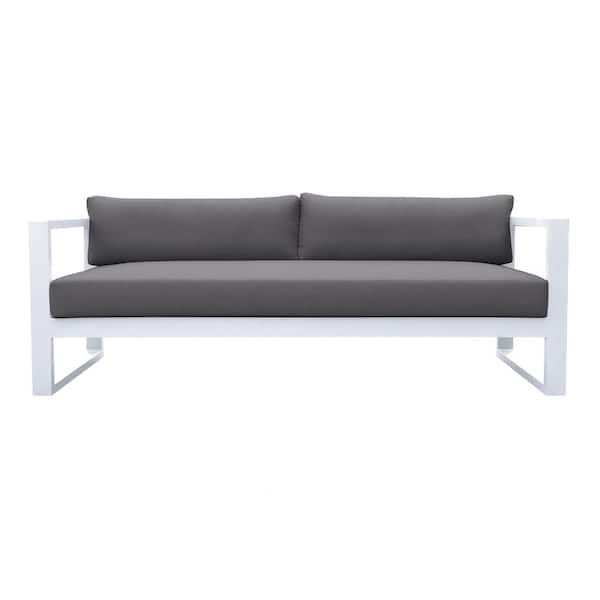 Armen Living Aelani White Aluminum Outdoor Couch with Dark Gray Cushions