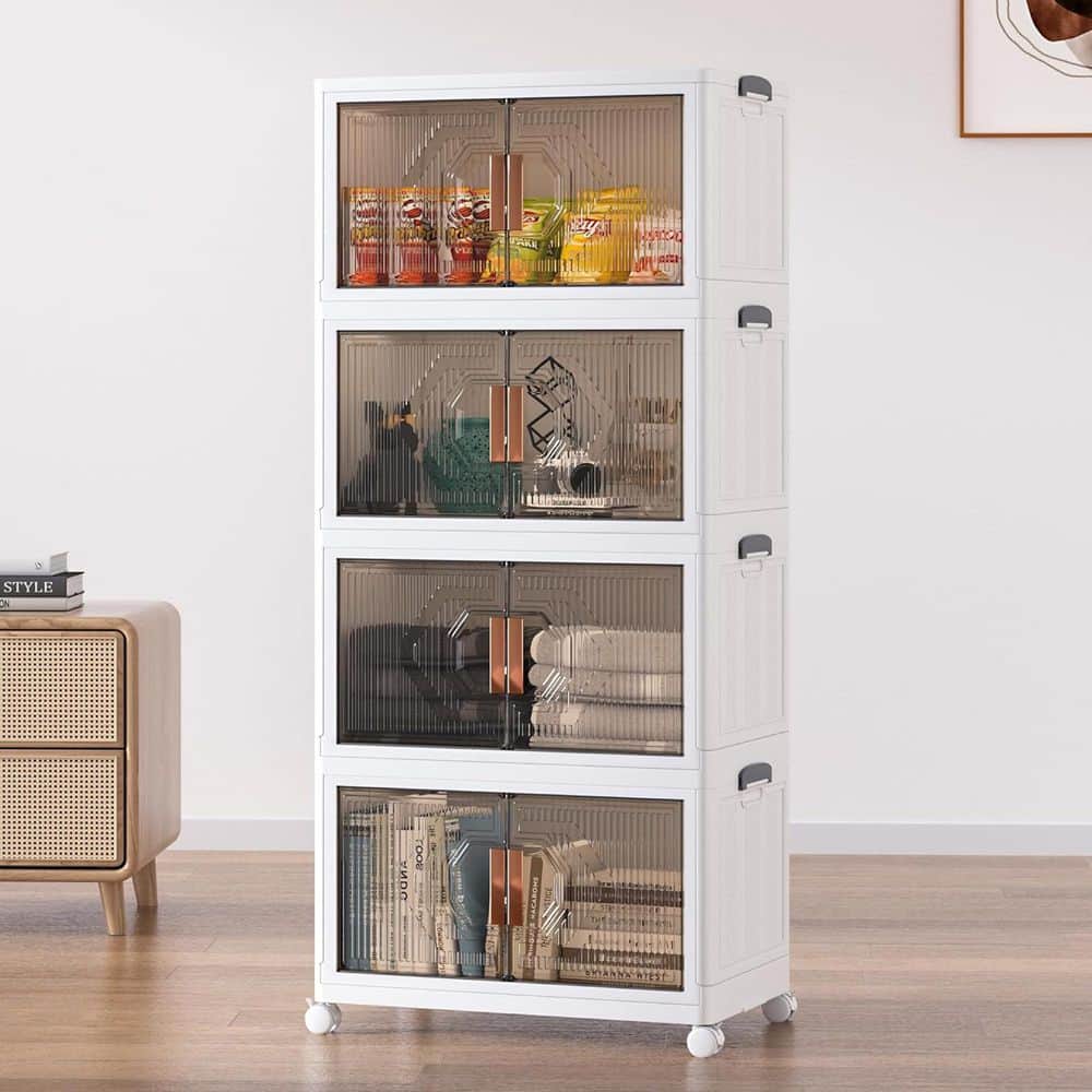 White 4-tier rolling storage cabinet with transparent geometric doors.