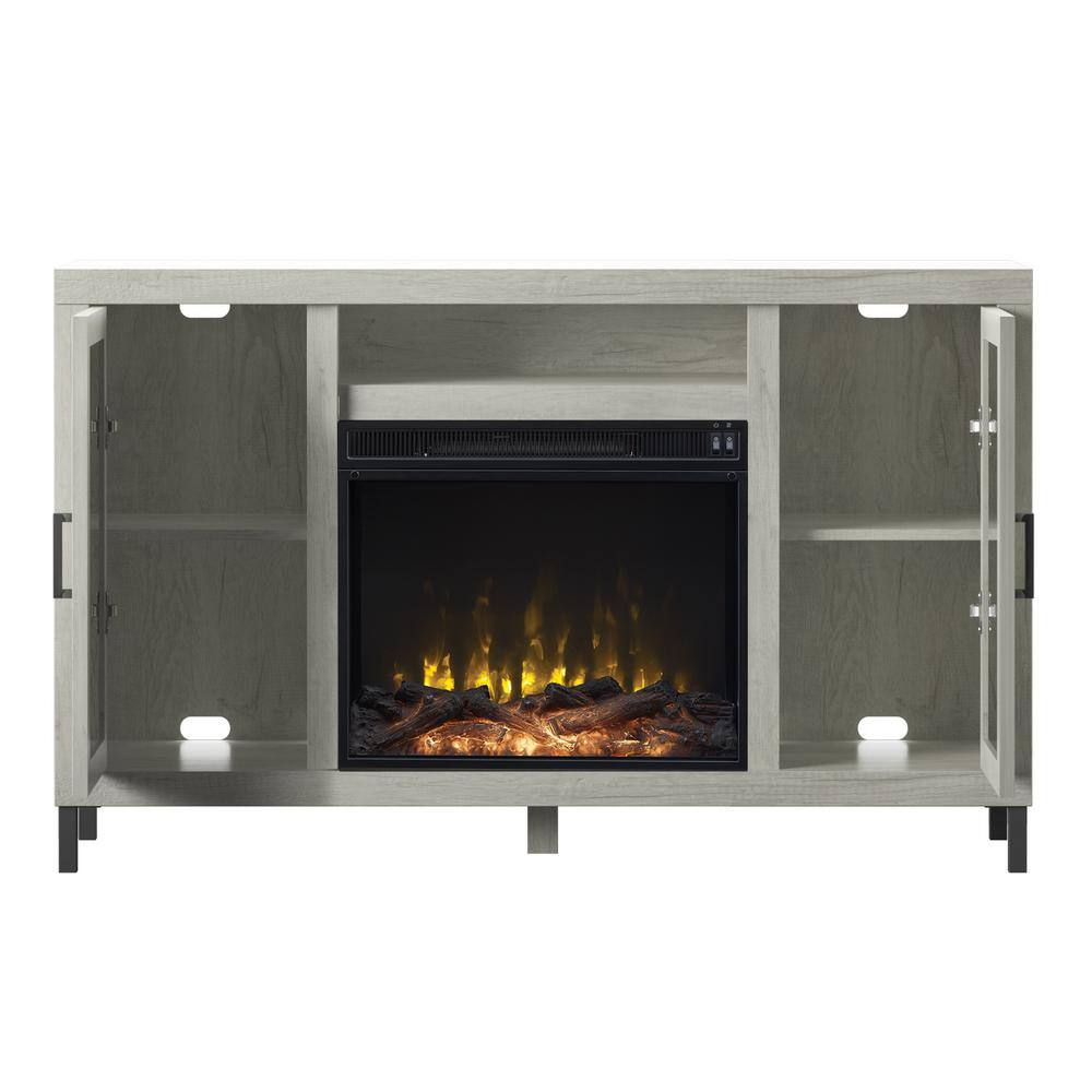 White TV Stand with Electric Fireplace and Mirrored Cabinet Doors
