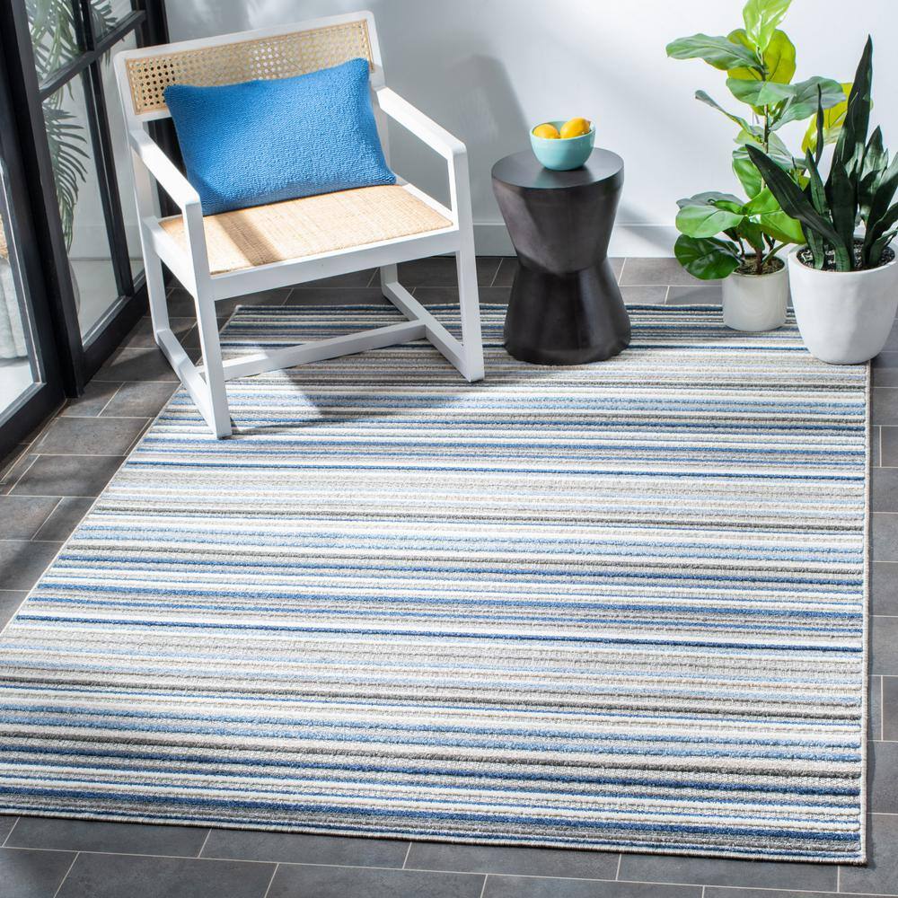 Grey and Blue Striped Synthetic Square Area Rug, 3' x 3'