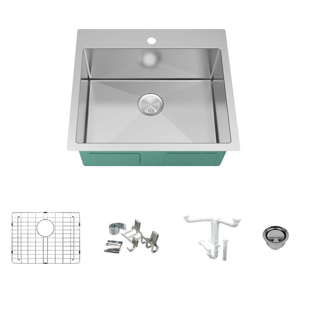 Karran 16-Gauge Stainless Steel 25 in. Single Bowl Drop-In Kitchen Sink  with Grid and Basket Strainer EL-30-PK1 - The Home Depot