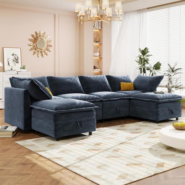 CHRISTOPHER KNIGHT HOME 126 in. W 6-Piece Polyester Modular Sectional Sofa in. Dark Blue with Storage, Faux Double-Layer Cushions