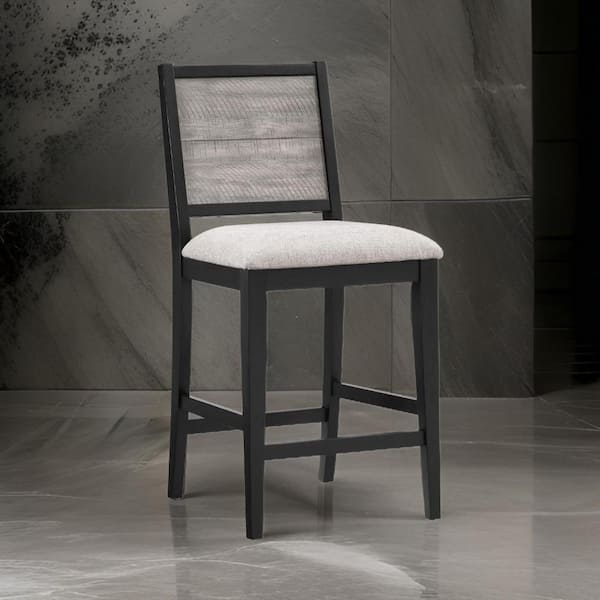 Benjara 26.5 in. Gray and Black Low Back Wood Frame Bar Stool with Polyster Seat (Set of 2)