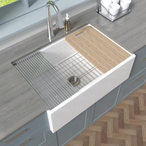 Workstation Kitchen Sink 30 in. White Porcelain Farmhouse Sink Apron Front Single Bowl Kitchen Sink with Accessories