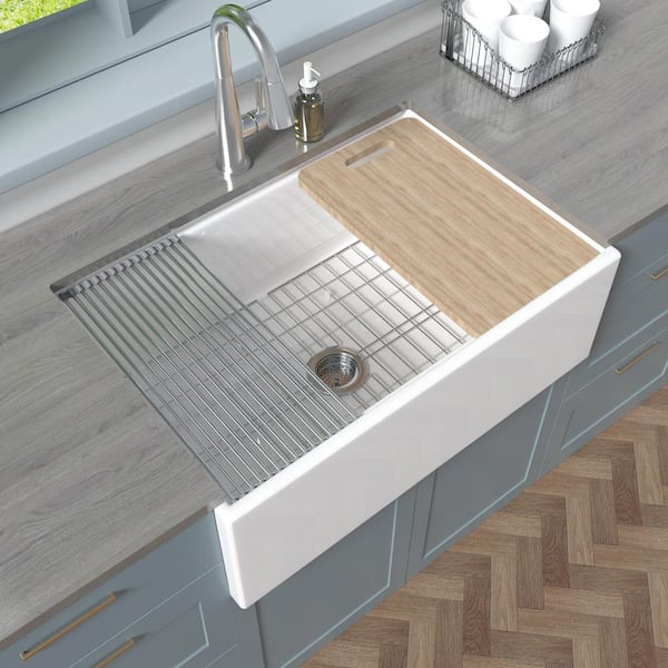 HOMLYLINK Workstation Kitchen Sink 30 in. White Porcelain Farmhouse Sink Apron Front Single Bowl Kitchen Sink with Accessories