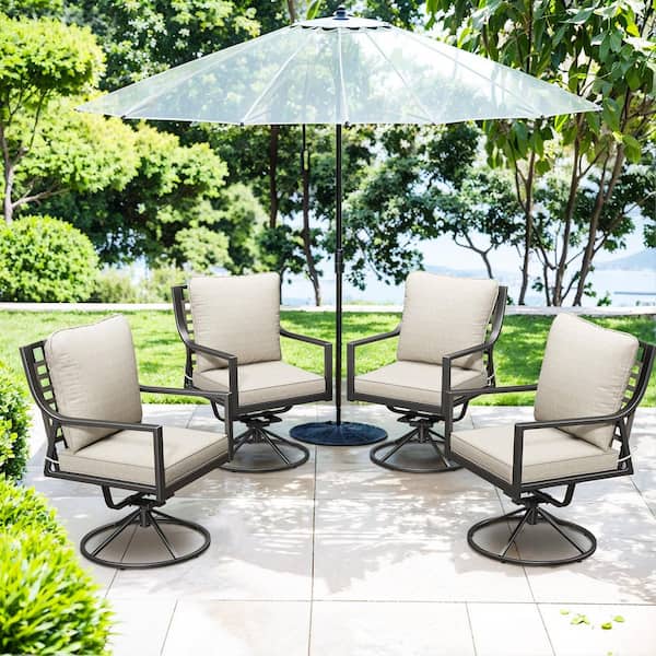 Industrial Swivel and Rocking Gray Metal Outdoor Rocking Chair with Beige Olefin Cushions Patio Swivel Chair (4-Piece)