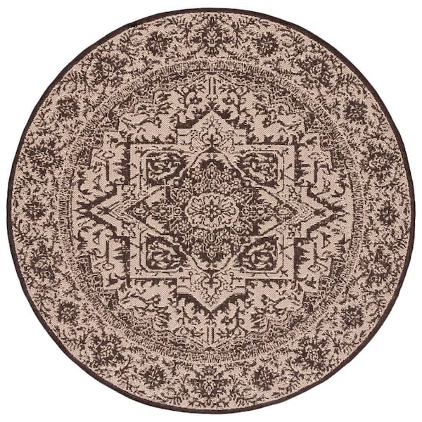 Linden Cream/Brown 7 ft. x 7 ft. Floral Medallion Border Indoor/Outdoor Round Area Rug