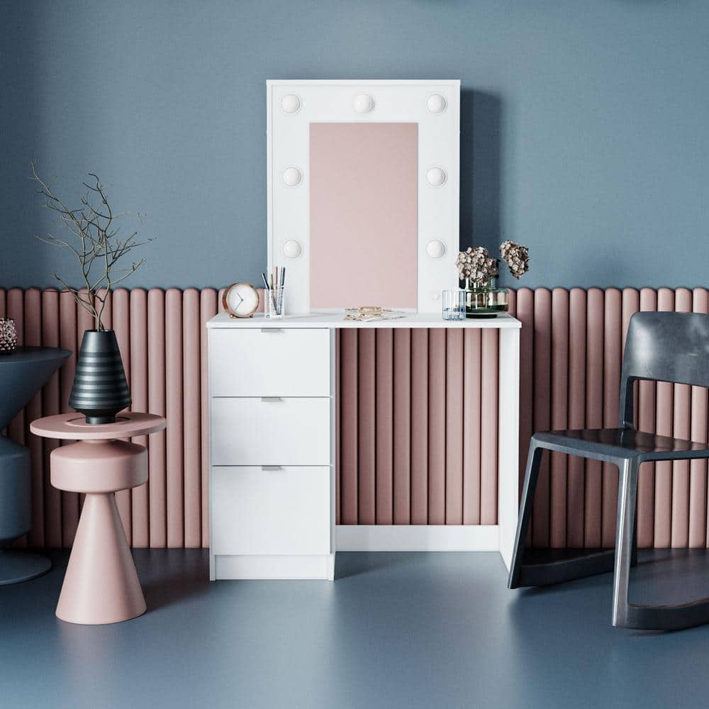 Daisy White Engineered Wood Makeup Vanity Table with Lighted Mirror