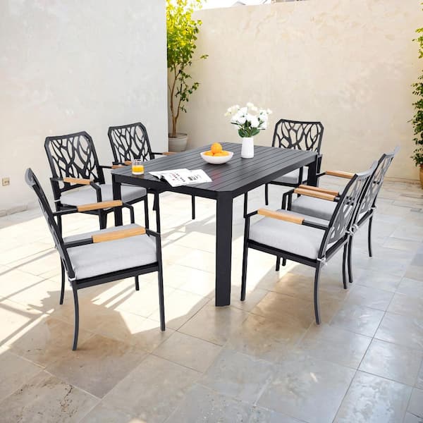 7-Piece Aluminum Modern Outdoor Dining Set, Nature-Inspired Branch-Like Backrest with Sunbrella Cast Silver Cushions