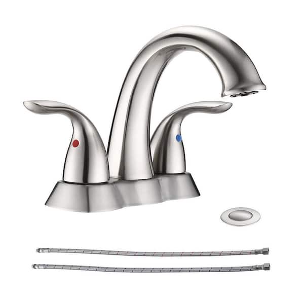 4 in. Centerset Double Handle Low Arc Bathroom Sink Faucet with Drain Kit Included and Solid Brass in Brushed Nickel