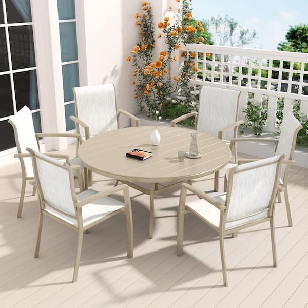 7-Piece Metal Outdoor Dining Set-6 Chairs and 53 in. Round Table with Umbrella Hole for Backyard or Deck