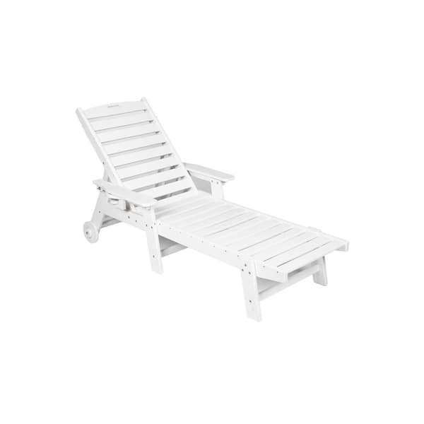 Unbranded Outdoor and Garden Patio HDPE Chaise Lounge Chair with Wood Texture, 5-Positions, Wheels, Cup Holder, White