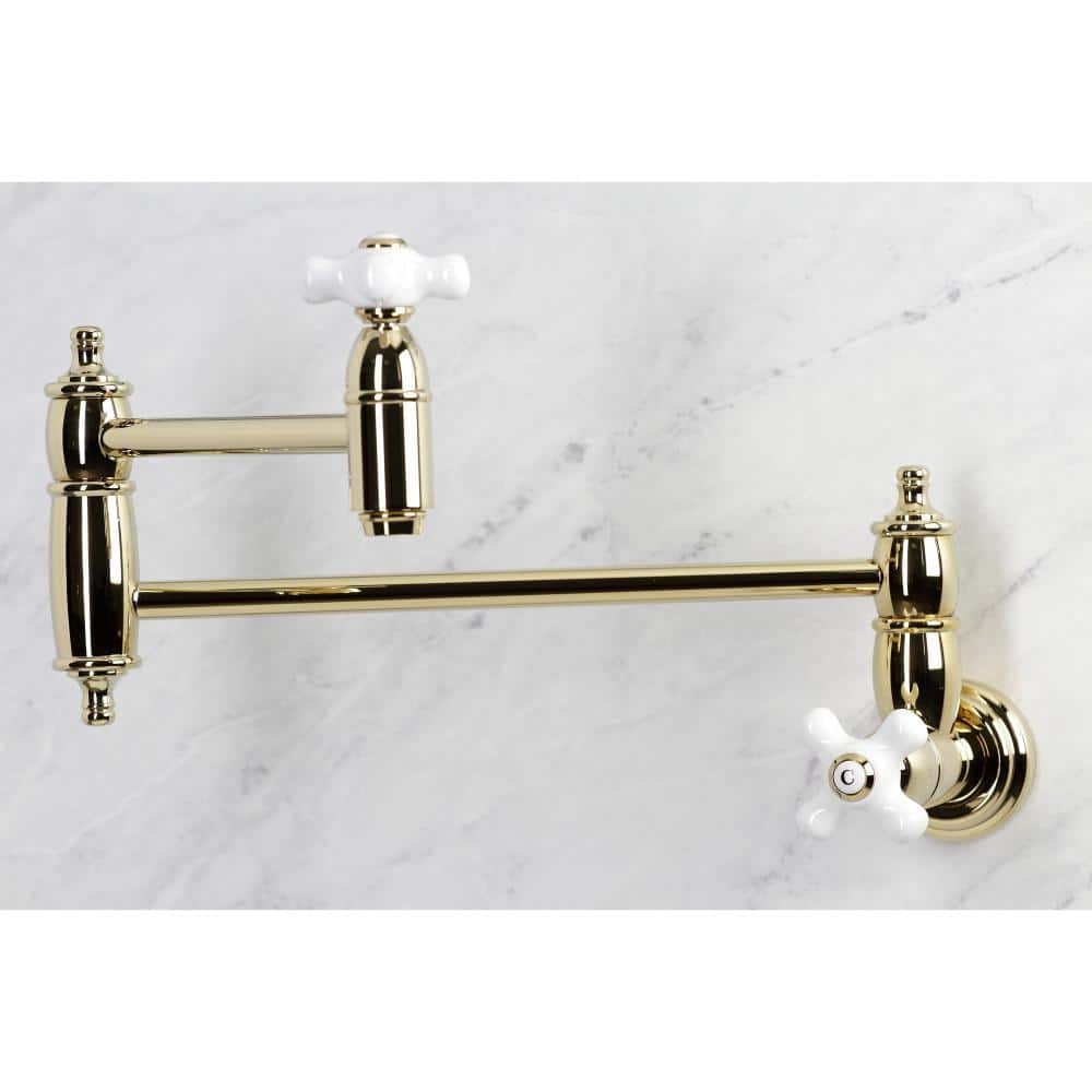 Polished Brass Dual Handle Wall Mount Pot Filler Faucet