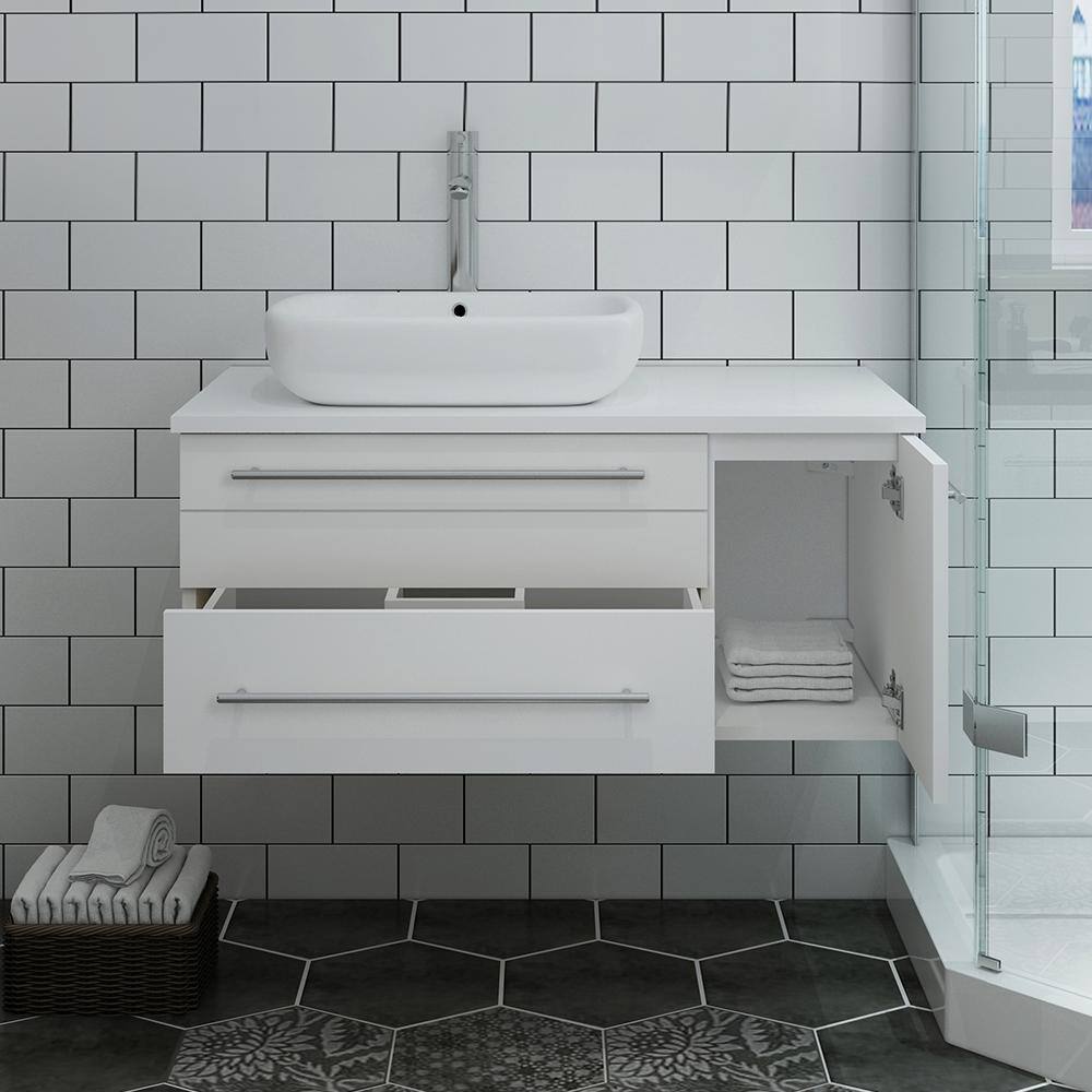 Lucera 36" White Quartz Stone Wall-Mount Vanity with Vessel Sink