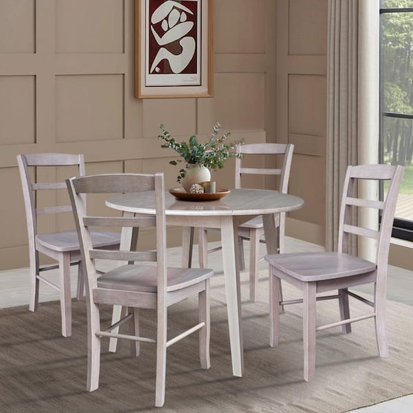 5-Piece Aurora Washed Taupe Gray 42 in. Solid Wood Drop-Leaf 4-Leg Table and Madrid Chair Set, Seats 4