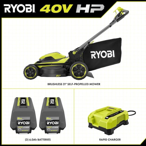 RYOBI - 40V HP Brushless 21 in. Cordless Battery Walk Behind Self-Propelled Lawn Mower with (2) 6.0 Ah Batteries and Charger