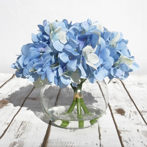 LIVING LUXURY 7 in. Blue Artificial Hydrangea Flower Arrangement in Round Glass Vase