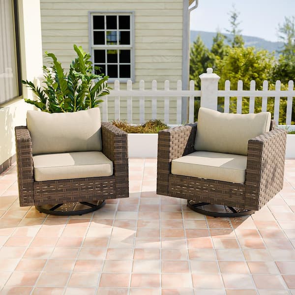 All-Weather Wicker Swivel Outdoor Rocking Chair with Wide Armrest and Beige Cushions (2-Piece)