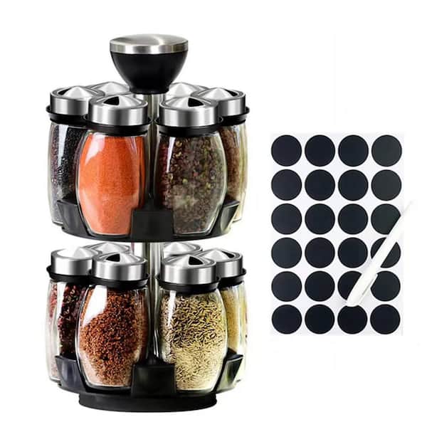 Revolving Countertop Spice Rack Organizer with 12 Empty Spice Jars and Adjustable Pour Tops