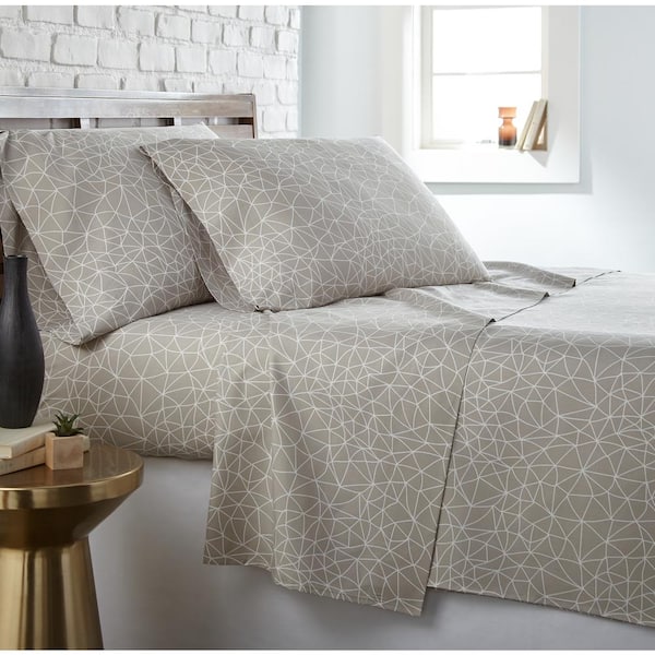 Southshore Fine Linens Geometric Maze 4-Piece White Maze on Taupe Microfiber King Sheet Set