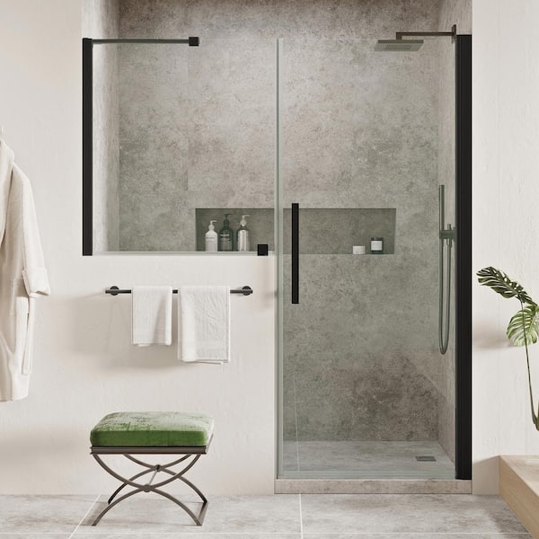 OVE Decors Pasadena 53-13/16 in. W x 72 in. H Pivot Frameless Shower Door in Black with Buttress Panel