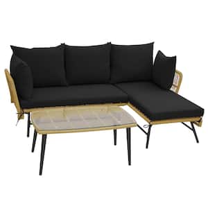 3-Piece Plastic Patio Conversation Set L-Shaped Sofa Furniture Deck Garden with Black Cushions