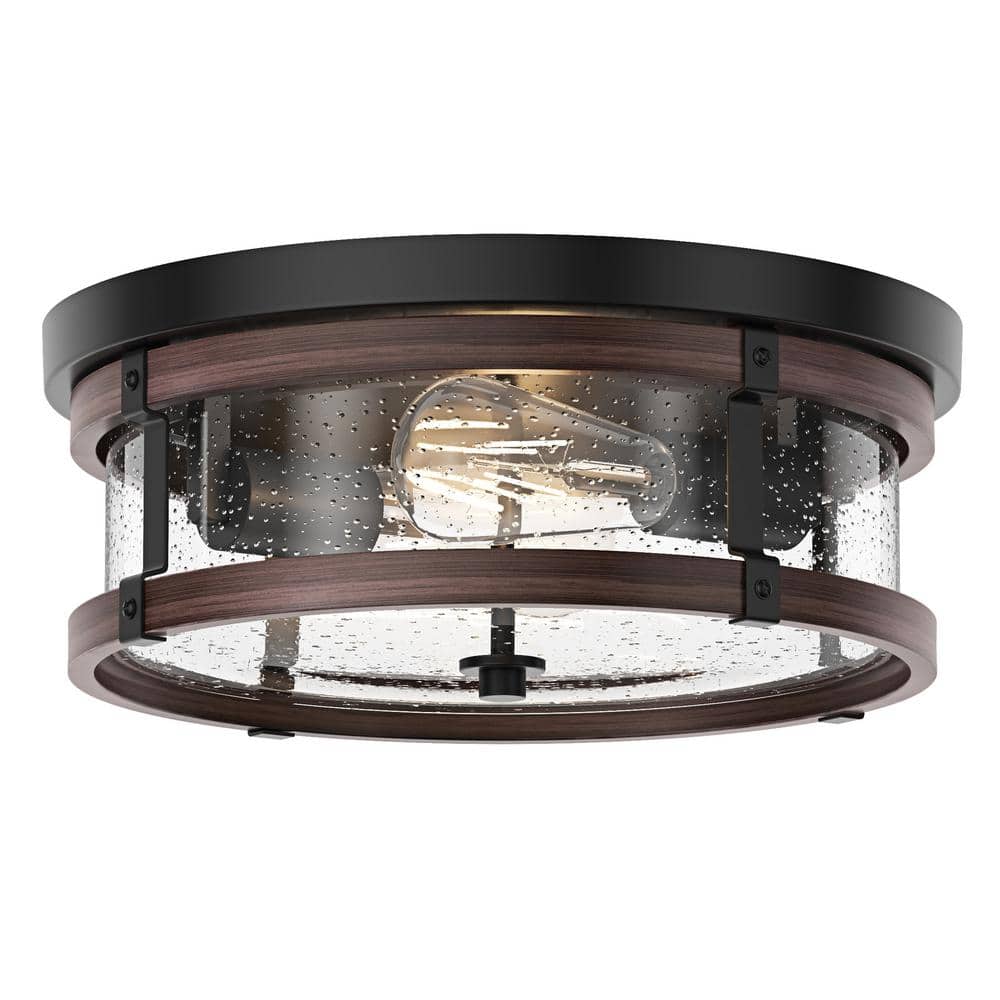 Modern 13.77 in. 2-Light Black Flush Mount Industrial Close to Ceiling Ligh
