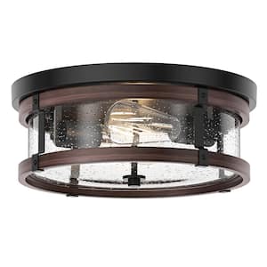 Modern 13.77 in. 2-Light Black Flush Mount Industrial Close to Ceiling Light with Seeded Glass Shade