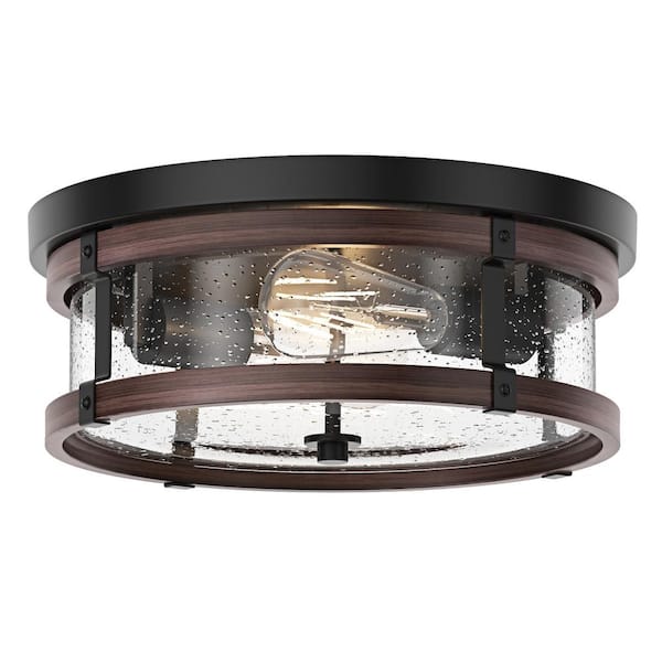 aiwen Modern 13.77 in. 2-Light Black Flush Mount Industrial Close to Ceiling Light with Seeded Glass Shade