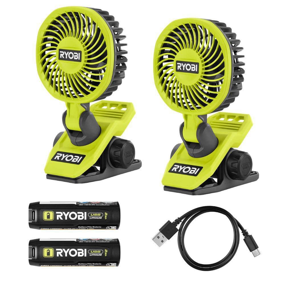 RYOBI USB Lithium Clamp Fan Kit 2-Pack with (2) 2.0 Ah USB Lithium Batteries and Charging Cable (FVF51K2SB)