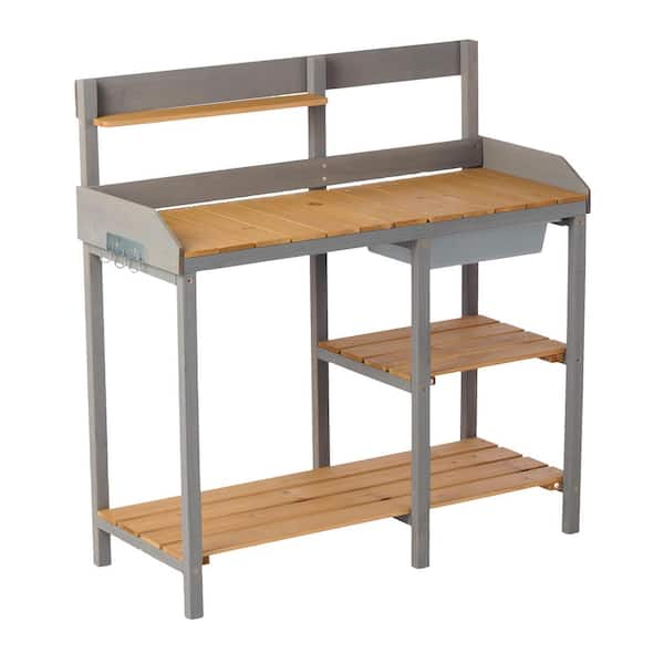 Tenleaf 42.00 in. W x 43.50 in. H Brown PlusGray Outdoor Potting Bench, Wooden Workstation Table with Hooks