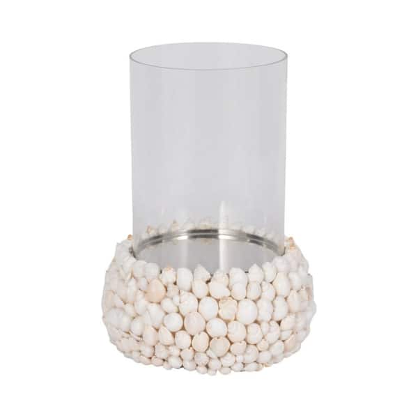 Liv & Skye Ivory 12 in. Stone Cylinder Coastal Hurricane Candle Holder