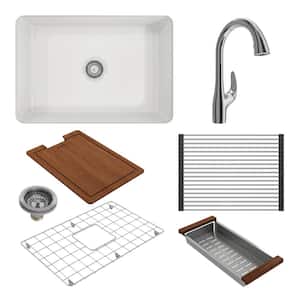 White Fireclay 27 in. Single Bowl Drop-In/Undermount Kitchen Sink with Faucet and Accessories
