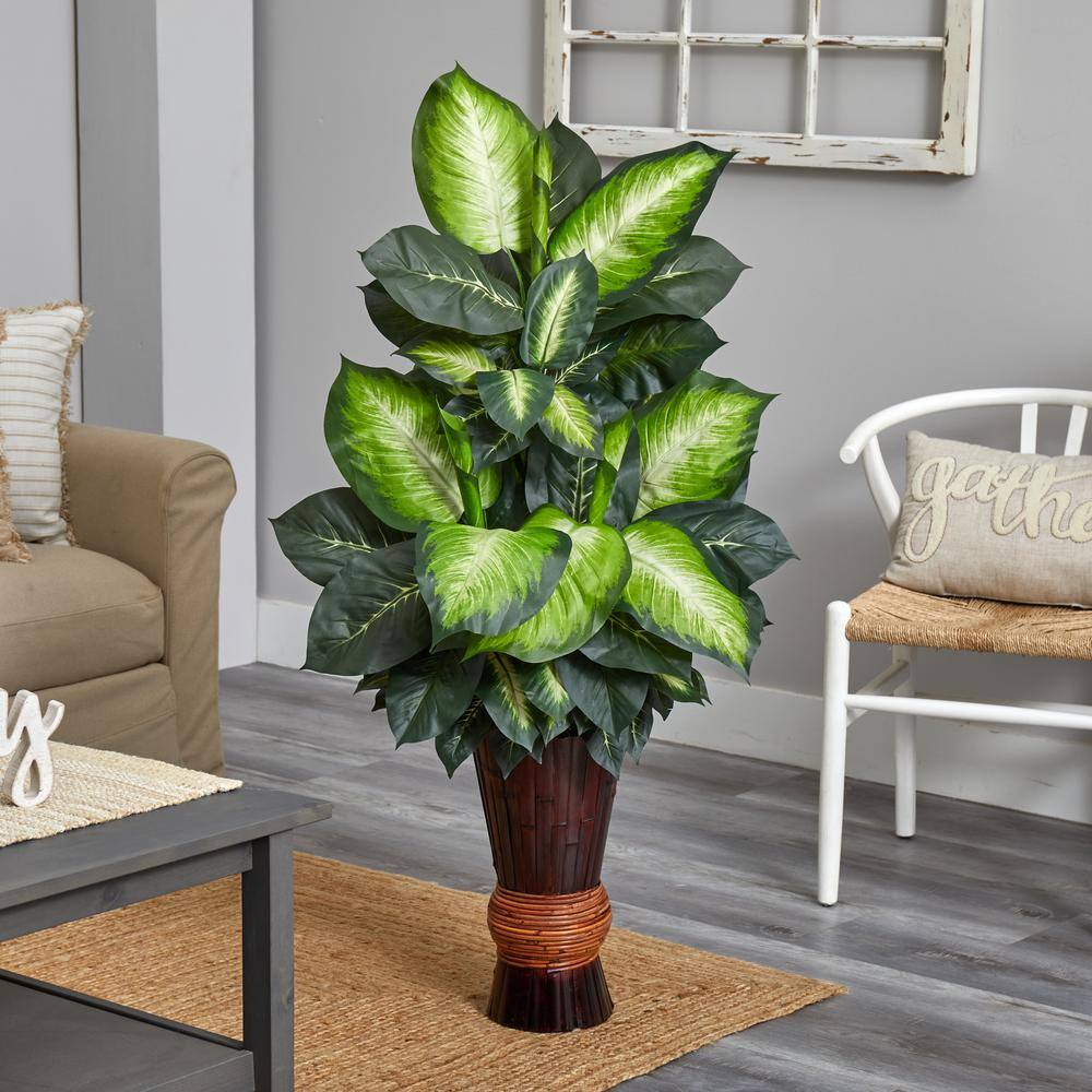 Lush 50" Golden Dieffenbachia Faux Floor Plant with Bamboo Planter