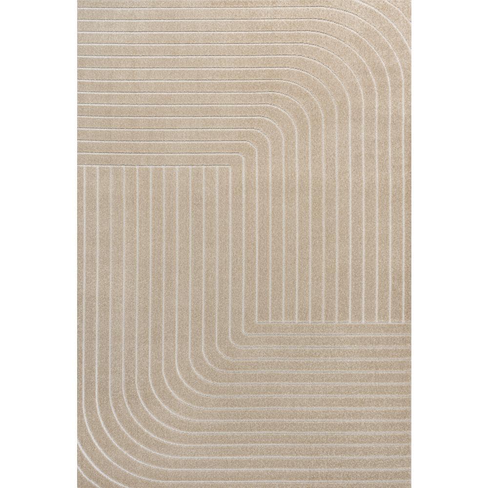 Beige and Cream 8' x 10' Striped Synthetic Area Rug