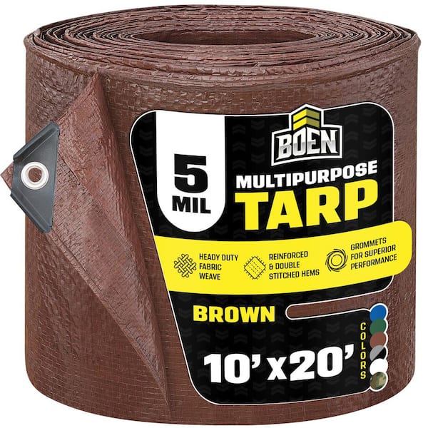 BOEN 10 ft. x 20 ft. Multi-Purpose Brown Poly Tarp Cover 5 Mil Thick Weave Material, Waterproof