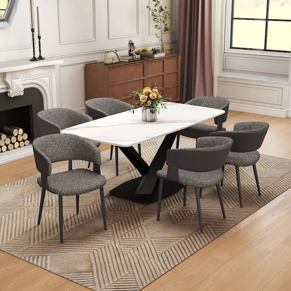 Set of 6 Modern Dining Chairs Teddy Fleece and PU Leather Upholstered Seat Curved Open Back in Black