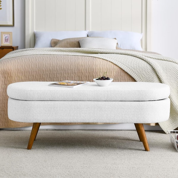Linen Oval Stool Ottoman Footstool with Wooden Legs – Living and Home