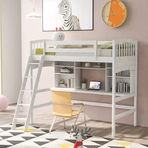 White Wood Twin Size Loft Bed with Storage Shelves and Desk