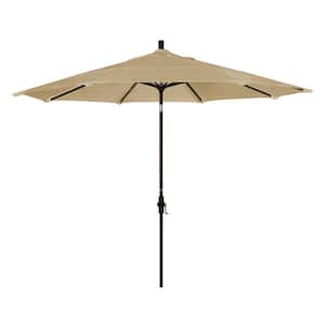 11 ft. Bronze Aluminum Pole Market Aluminum Ribs Crank Lift Outdoor Patio Umbrella in Linen Sesame Sunbrella