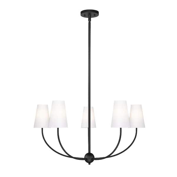 Shannon 32 in. 5-Light Matte Black Shaded Chandelier Light with White Glass Shade with No Bulbs Included