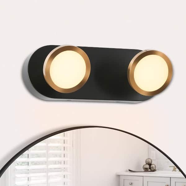 11.8 in. Modern 2-Light Black Integrated LED Bathroom Vanity Light, Brass Gold Adjustable Wall Sconce