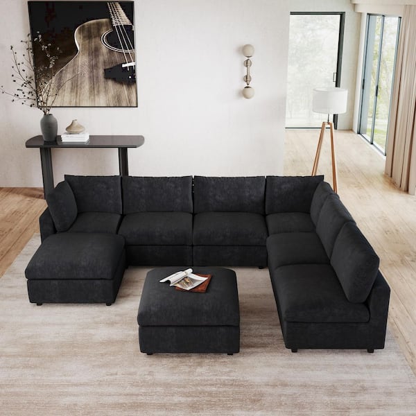 Modular Cloud Couch, 134 in. Square Arm 8-Piece Chenille U-Shaped Sectional Sofa with Ottoman, Washable Covers in Black