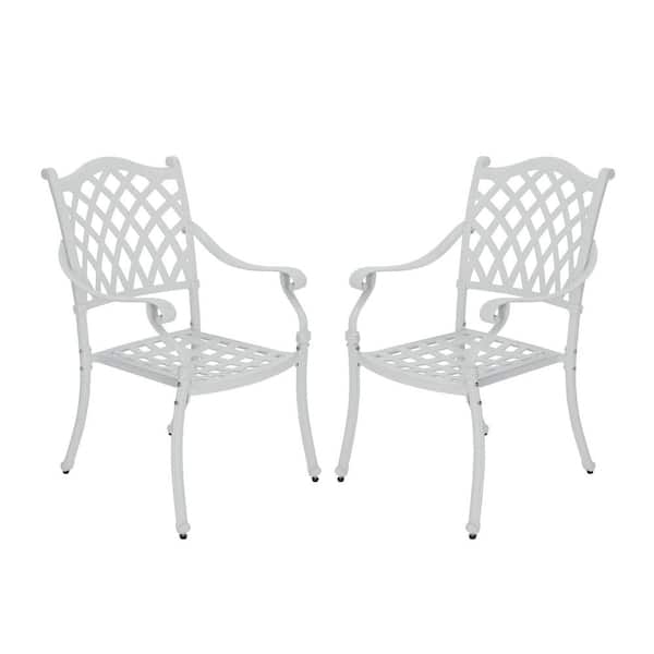 White Cast Aluminum Outdoor Dining Chair Petal Backrest and Woven Pattern Patio Armchair Set of 2