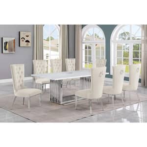 Lisa 9-Piece Rectangular White Marble Top Stainless Steel Base Dining Set With 8-Cream Velvet Fabric Chairs