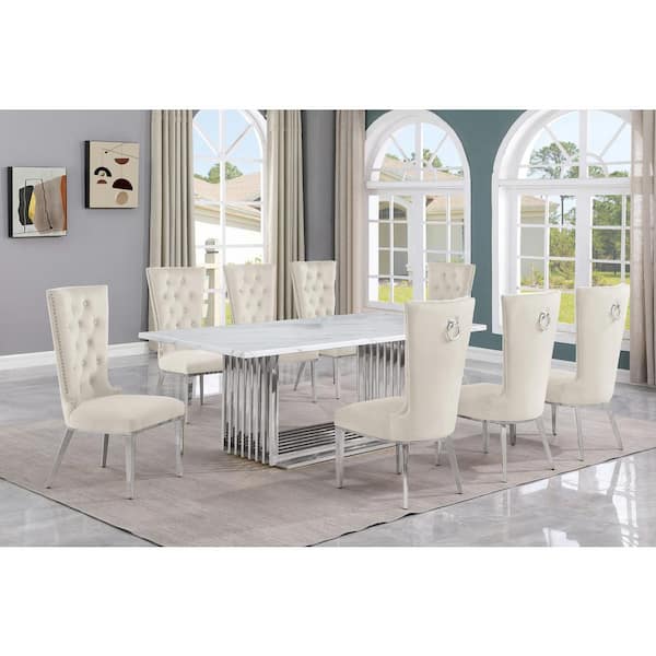 Best Quality Furniture Lisa 9-Piece Rectangular White Marble Top Stainless Steel Base Dining Set With 8-Cream Velvet Fabric Chairs