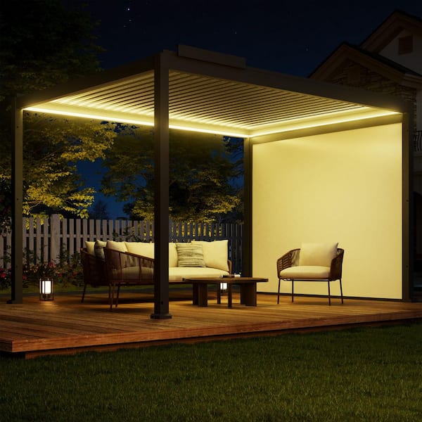 10 ft. x 13 ft. Gray Aluminum Louvered Pergola with LED Lights, Remote Control and Electric Projector Screen
