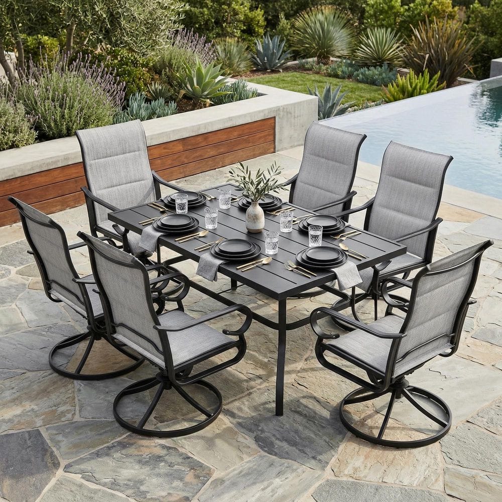 Black 7-Piece Padded Textilene Rectangular Outdoor Dining Set with Umbrella Hole and High Backrest, Swivel Design price history on PriceWatchPro
